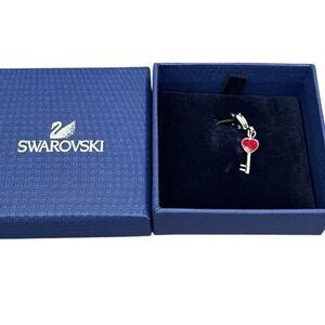 Swarovski Red Heart Crystals Key Charm Pendant Rhodium Plated New in Gift Box